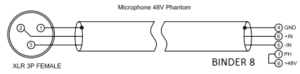 Mic input cable XLR-3F to Binder-8M wired for 48V Phantom mic