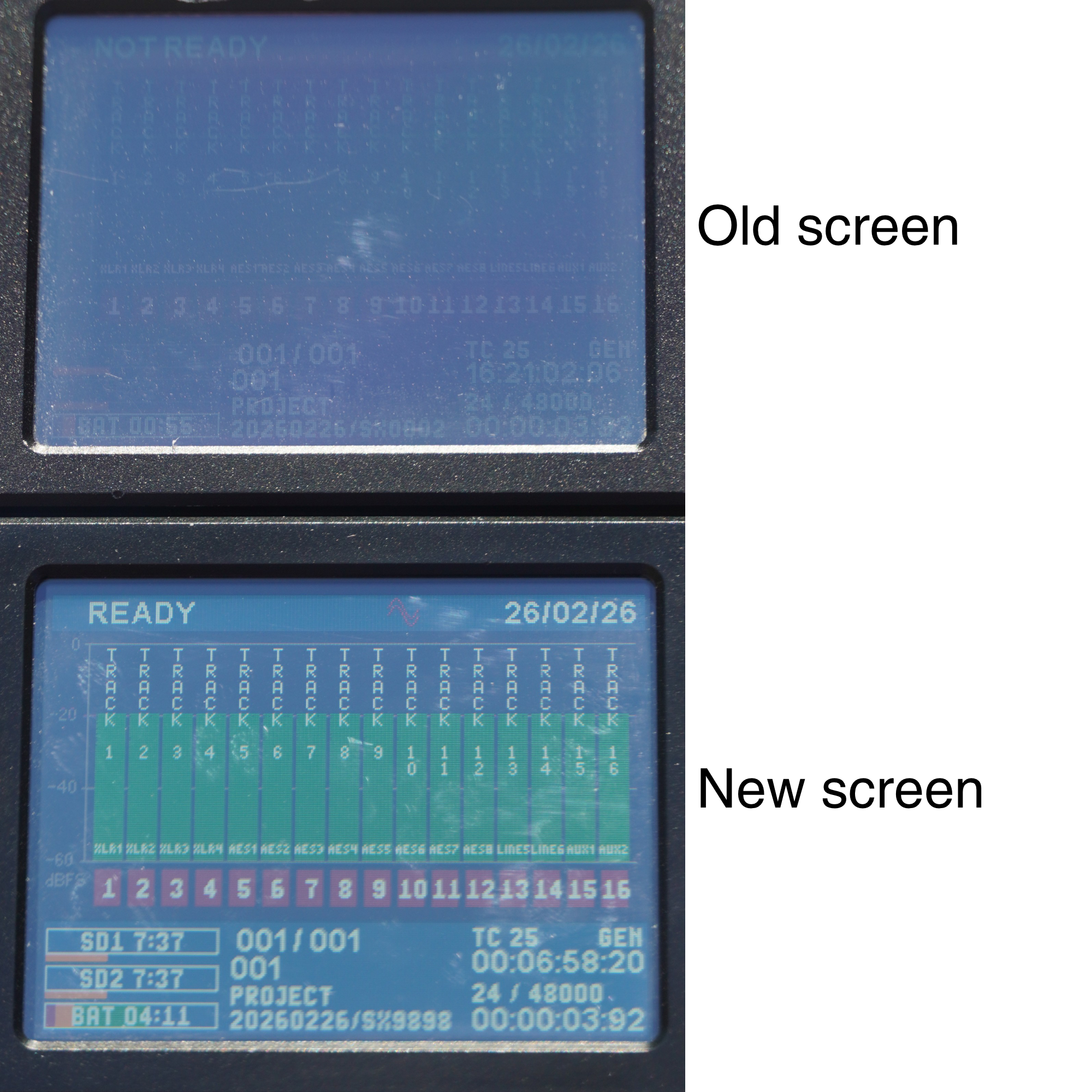 Comparison of the original and new SONOSAX SX-R4+ screens in direct sunlight