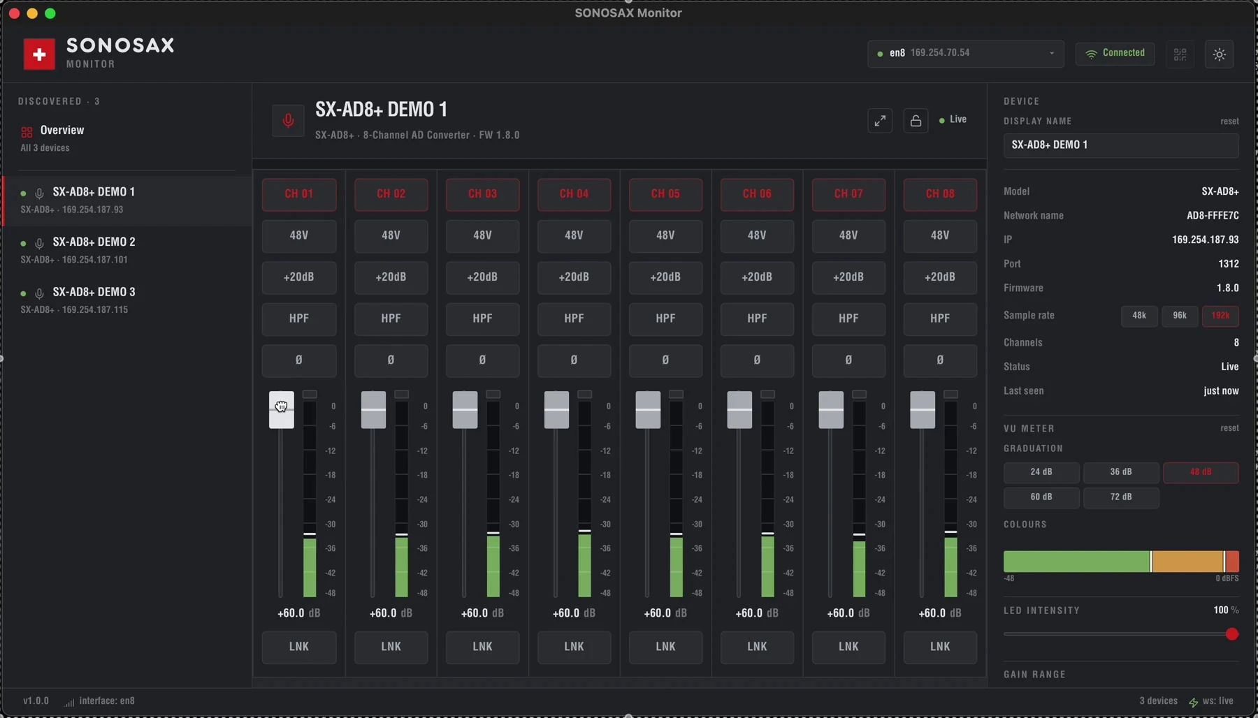 Detailed control view of a SONOSAX SX-AD8+