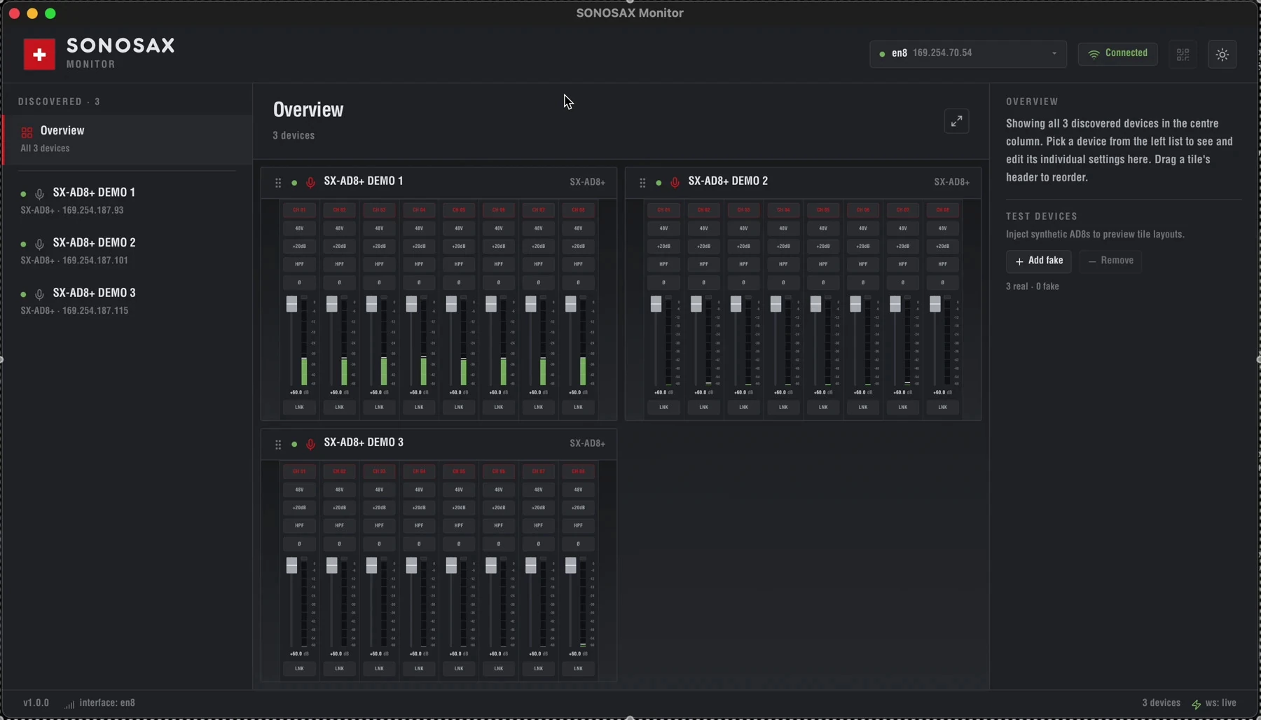 Overview of three SONOSAX SX-AD8+ units controlled in SX-Controller